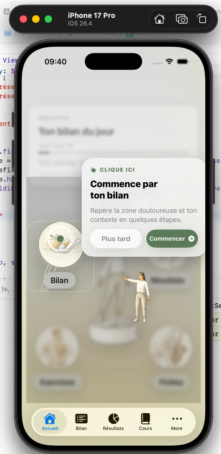 Capture de l’application GEOSTEO : écran d’accueil avec invitation à commencer le bilan