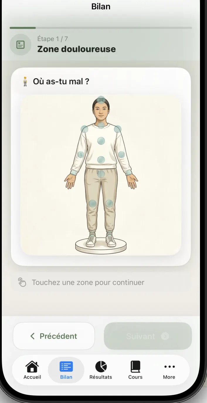 Capture de l’application GEOSTEO : étape de bilan pour sélectionner la zone douloureuse